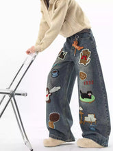 3D Cartoon Accent Wide-Leg Jeans | Playful Casual Denim Piece