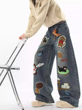 3D Cartoon Accent Wide-Leg Jeans | Playful Casual Denim Piece