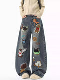 3D Cartoon Accent Wide-Leg Jeans | Playful Casual Denim Piece