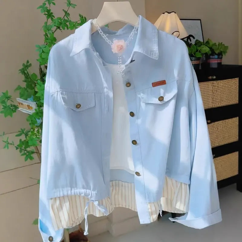 Patchwork Two-Tone Shirt Jacket - French Polo Collar Design