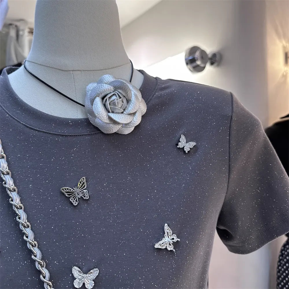 Heavy- Butterfly Embellishment Sequin Tee