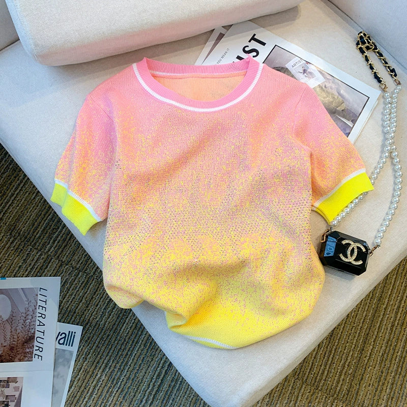 Gradient color hot diamond-heavy ice silk sweater