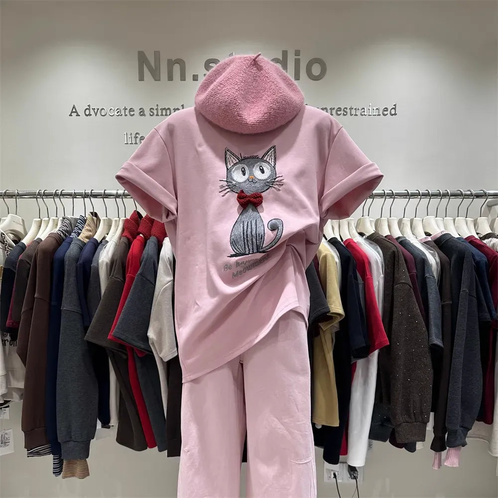 Lazy Style Pink T-Shirt | Cute Bowtie Cat Embroidered Relaxed-Fit Top