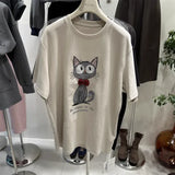 Lazy Style Pink T-Shirt | Cute Bowtie Cat Embroidered Relaxed-Fit Top