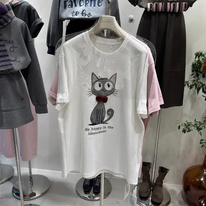 Lazy Style Pink T-Shirt | Cute Bowtie Cat Embroidered Relaxed-Fit Top