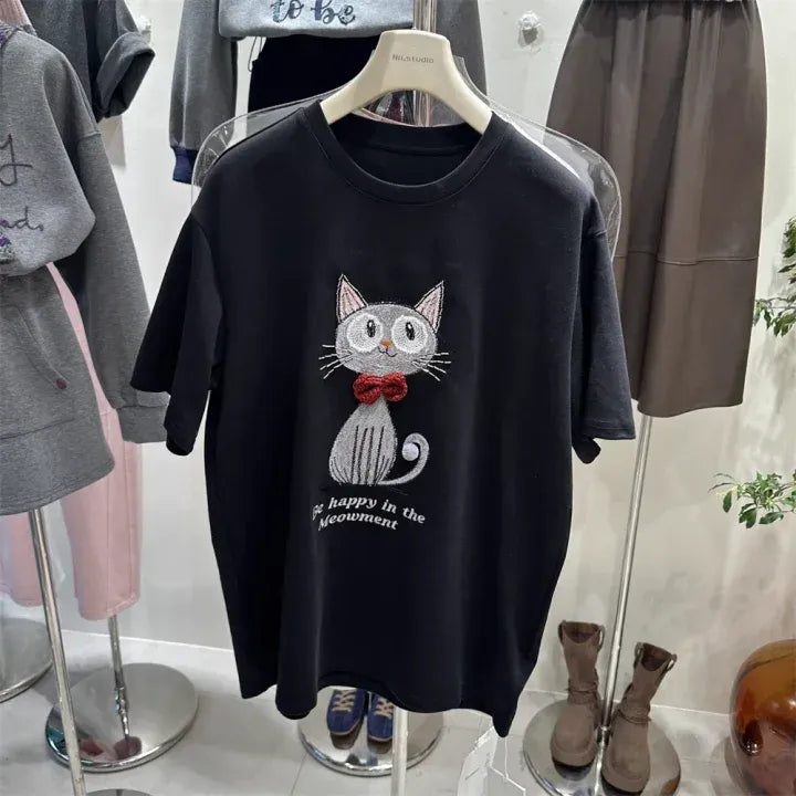 Lazy Style Pink T-Shirt | Cute Bowtie Cat Embroidered Relaxed-Fit Top