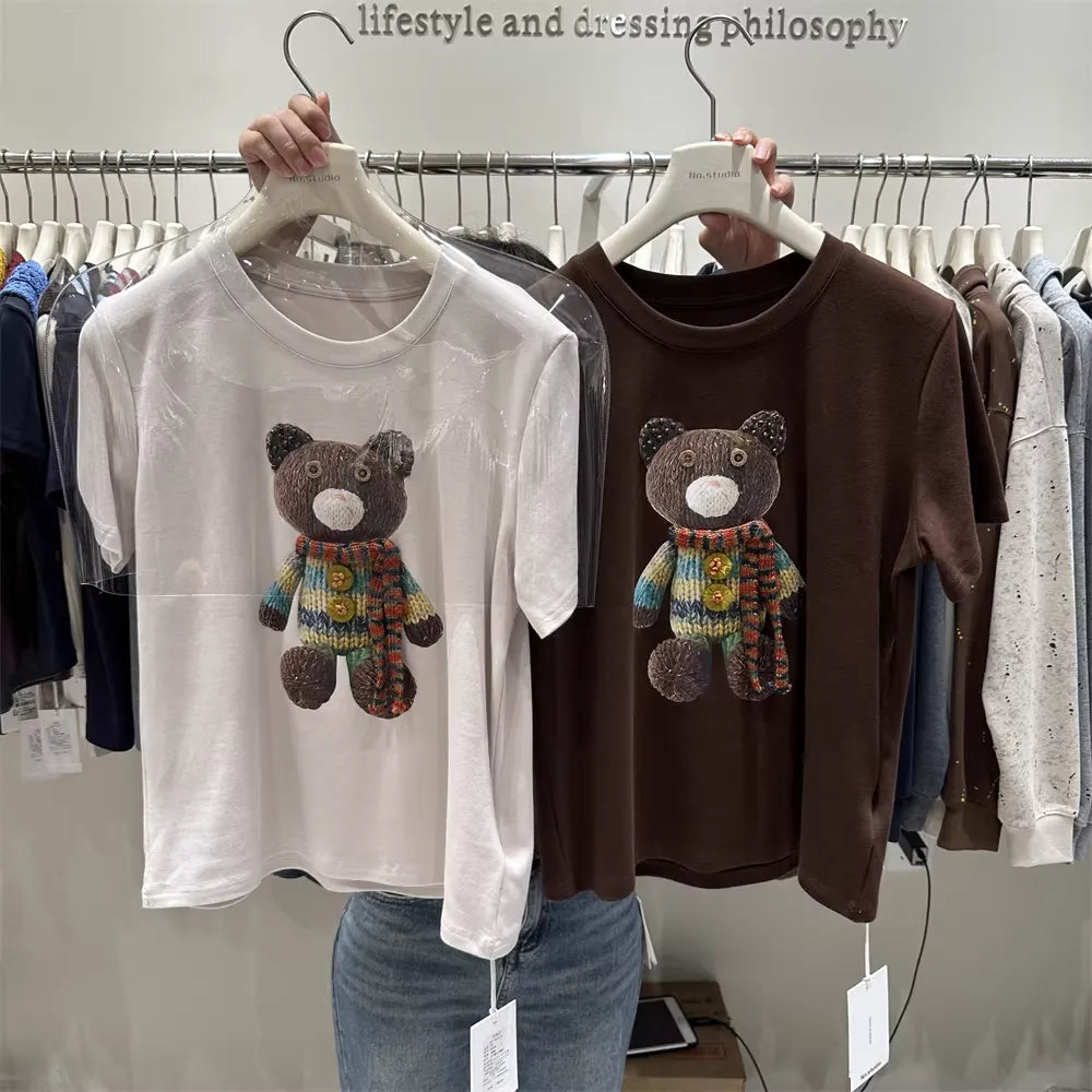Cute Knitted Bear 3D Accent Tee | Detail-Packed Cozy Top