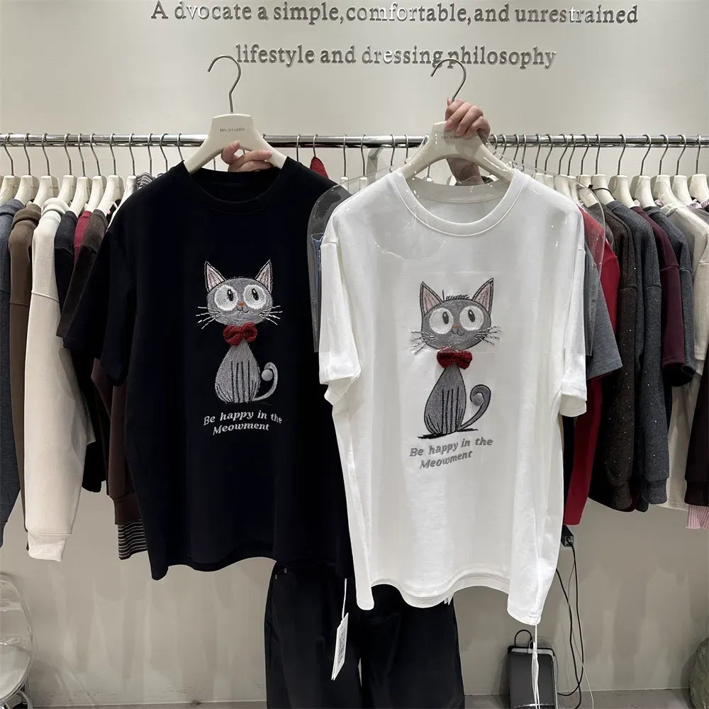 Lazy Style Pink T-Shirt | Cute Bowtie Cat Embroidered Relaxed-Fit Top
