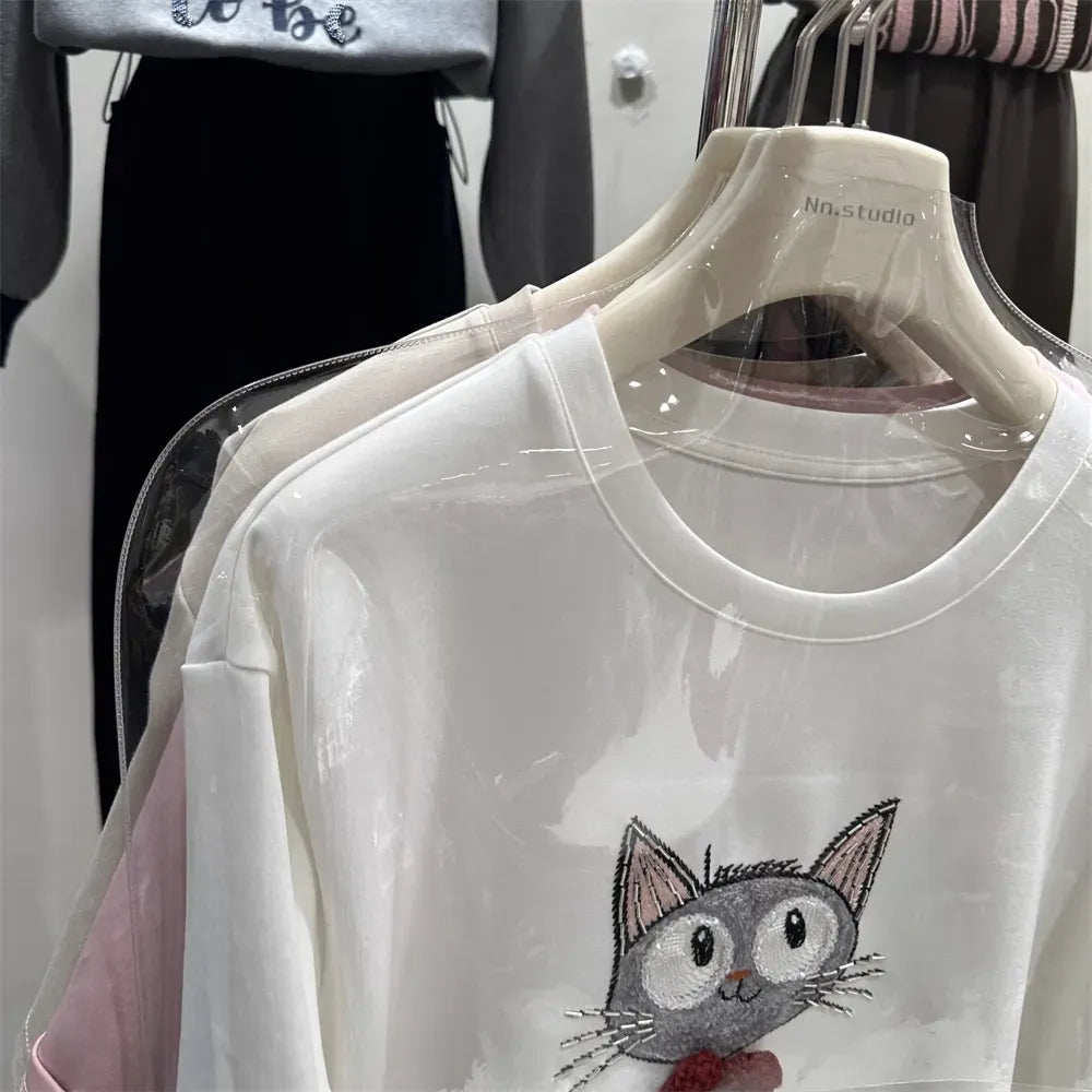 Lazy Style Pink T-Shirt | Cute Bowtie Cat Embroidered Relaxed-Fit Top