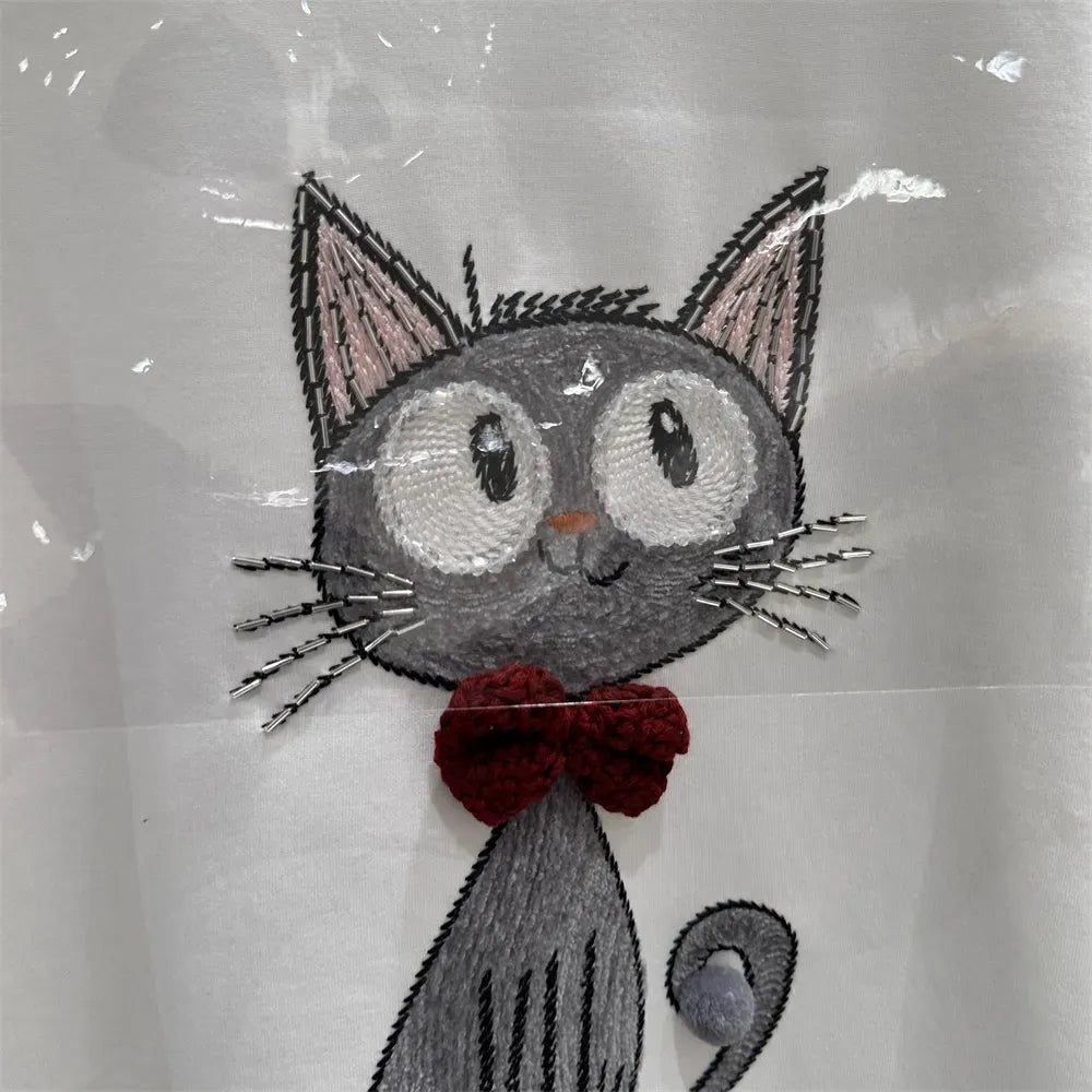 Lazy Style Pink T-Shirt | Cute Bowtie Cat Embroidered Relaxed-Fit Top