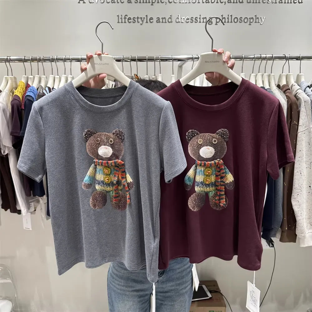 Cute Knitted Bear 3D Accent Tee | Detail-Packed Cozy Top