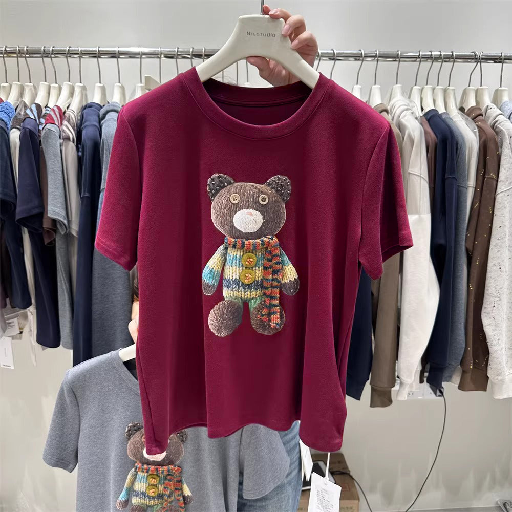 Cute Knitted Bear 3D Accent Tee | Detail-Packed Cozy Top