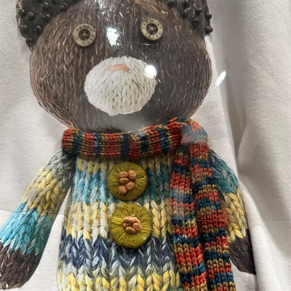 Cute Knitted Bear 3D Accent Tee | Detail-Packed Cozy Top