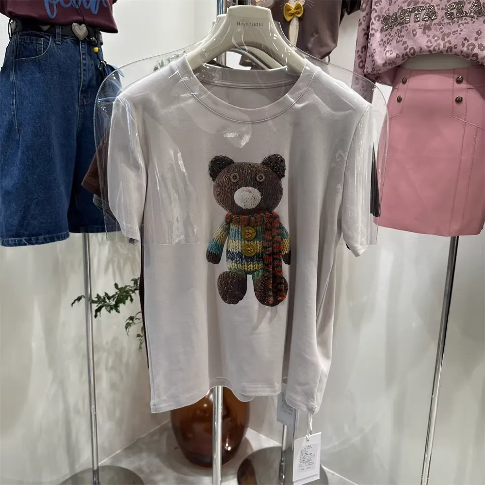 Cute Knitted Bear 3D Accent Tee | Detail-Packed Cozy Top
