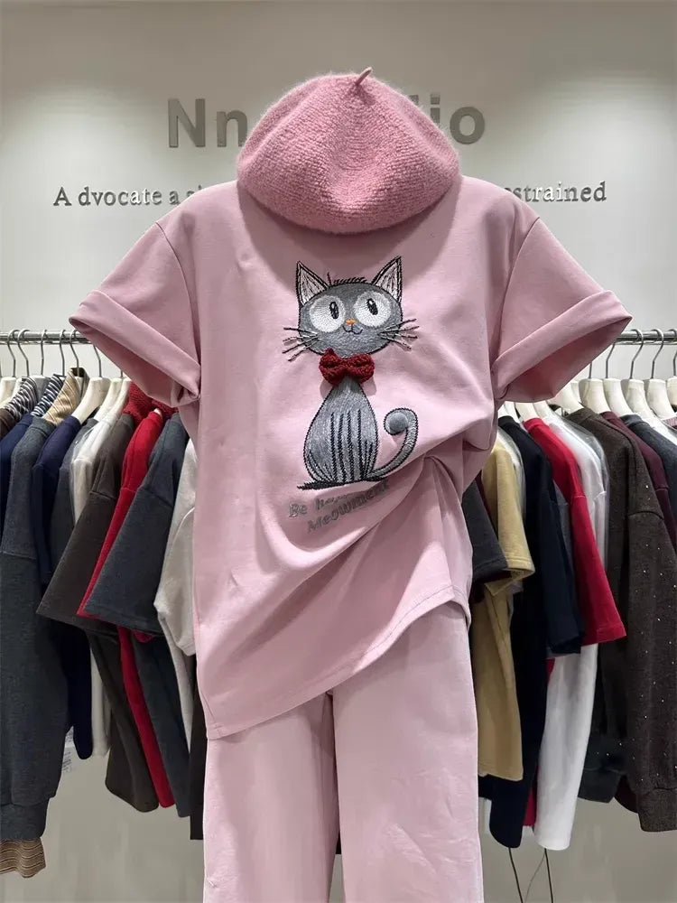 Lazy Style Pink T-Shirt | Cute Bowtie Cat Embroidered Relaxed-Fit Top