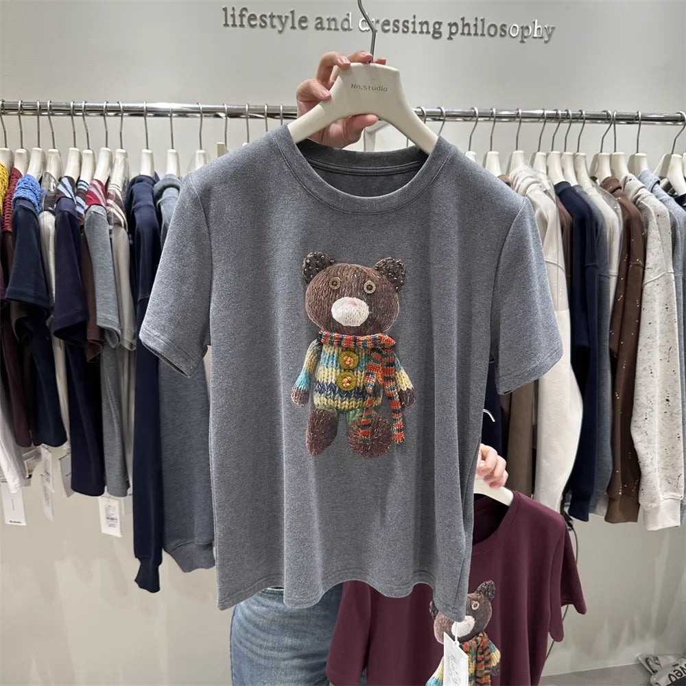 Cute Knitted Bear 3D Accent Tee | Detail-Packed Cozy Top
