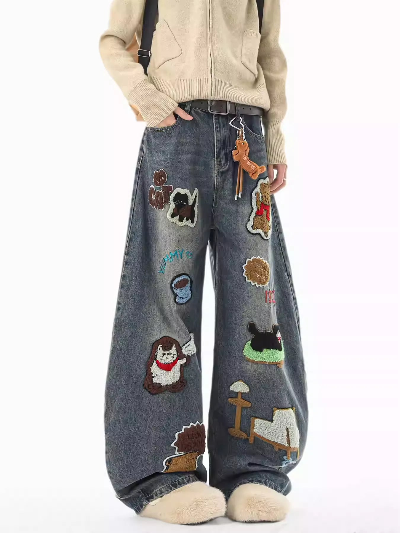 3D Cartoon Accent Wide-Leg Jeans | Playful Casual Denim Piece
