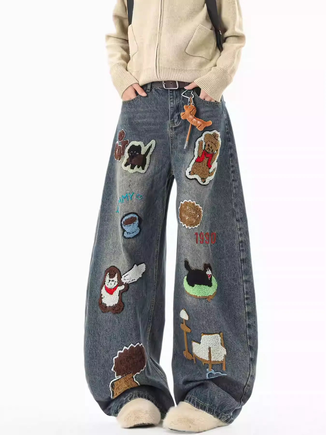 3D Cartoon Accent Wide-Leg Jeans | Playful Casual Denim Piece