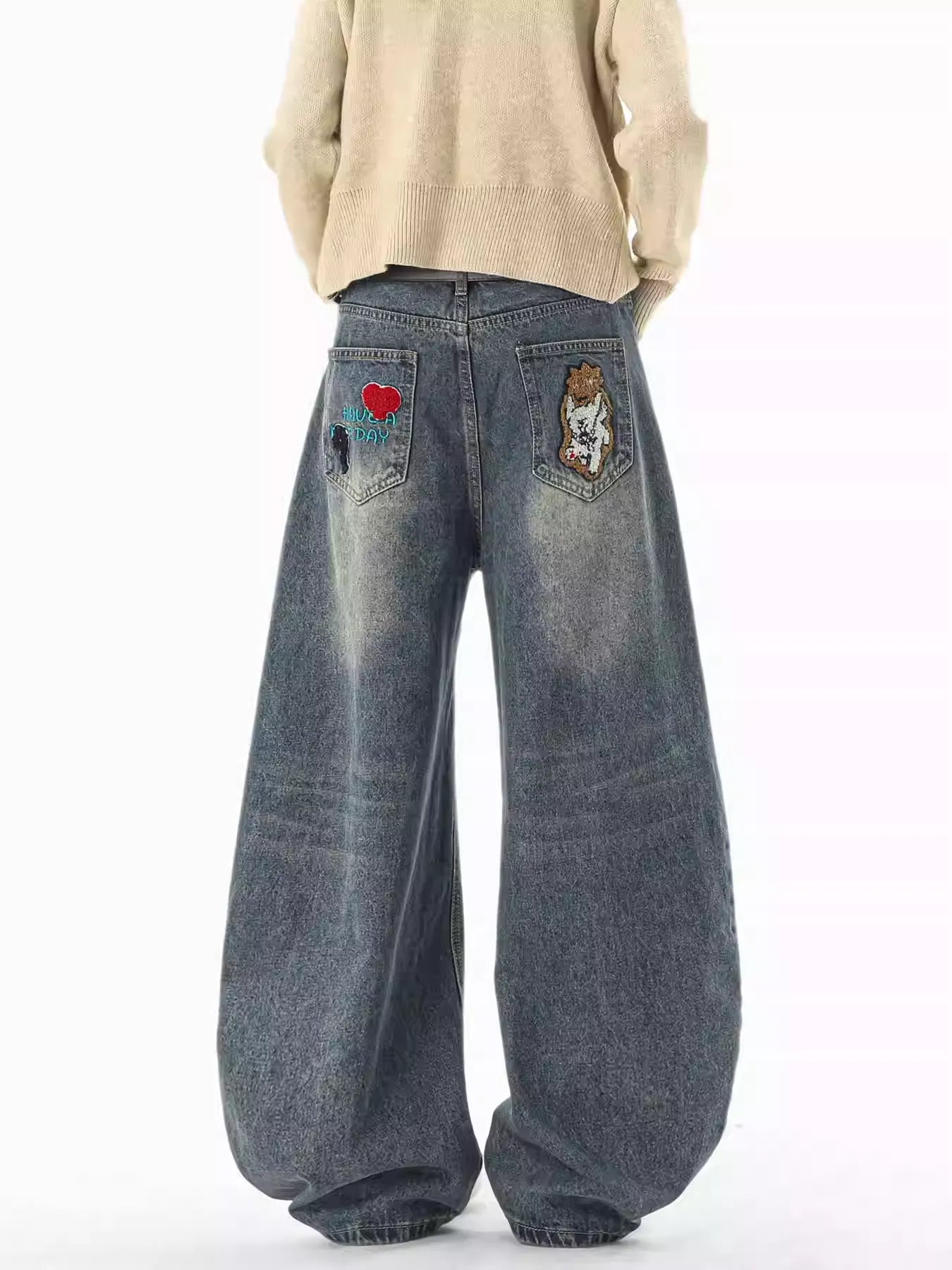 3D Cartoon Accent Wide-Leg Jeans | Playful Casual Denim Piece